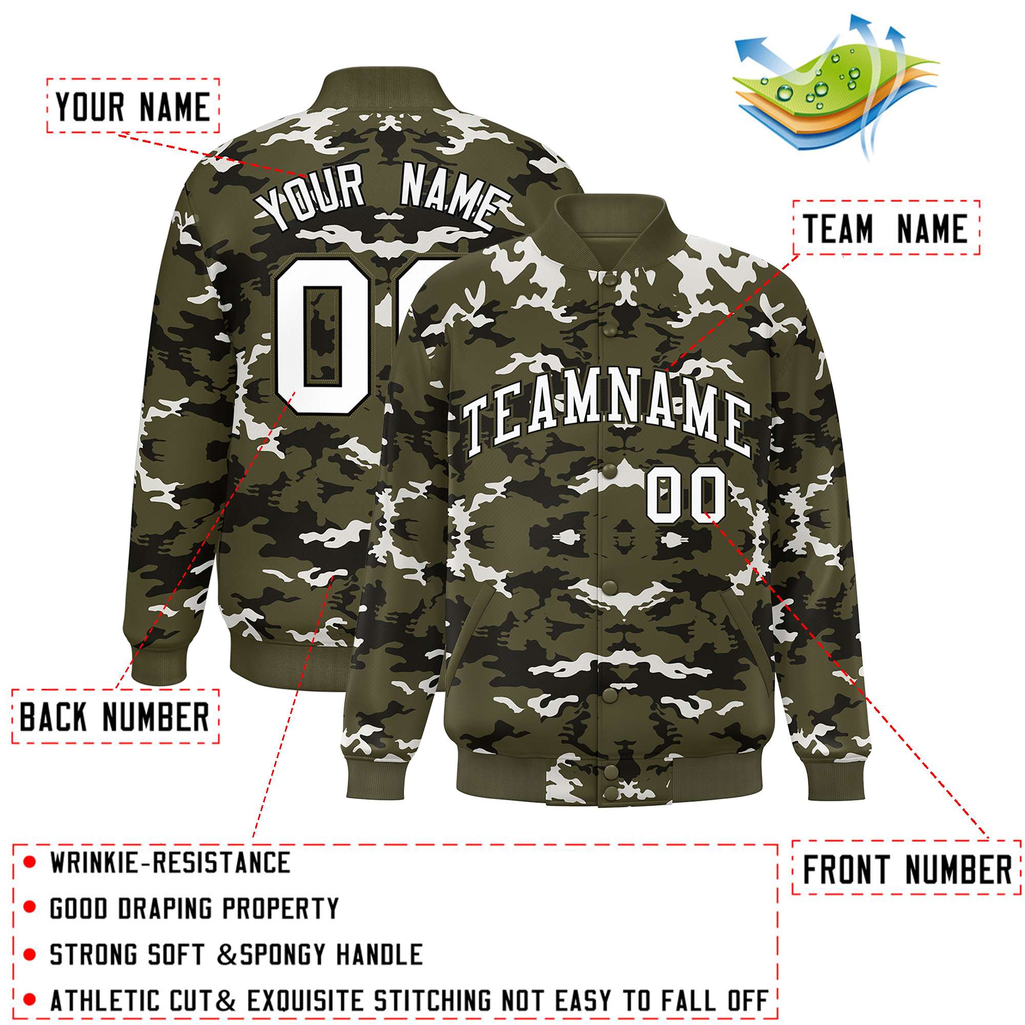 Custom Olive Black-White Varsity Full-Snap Camo Letterman Jacket