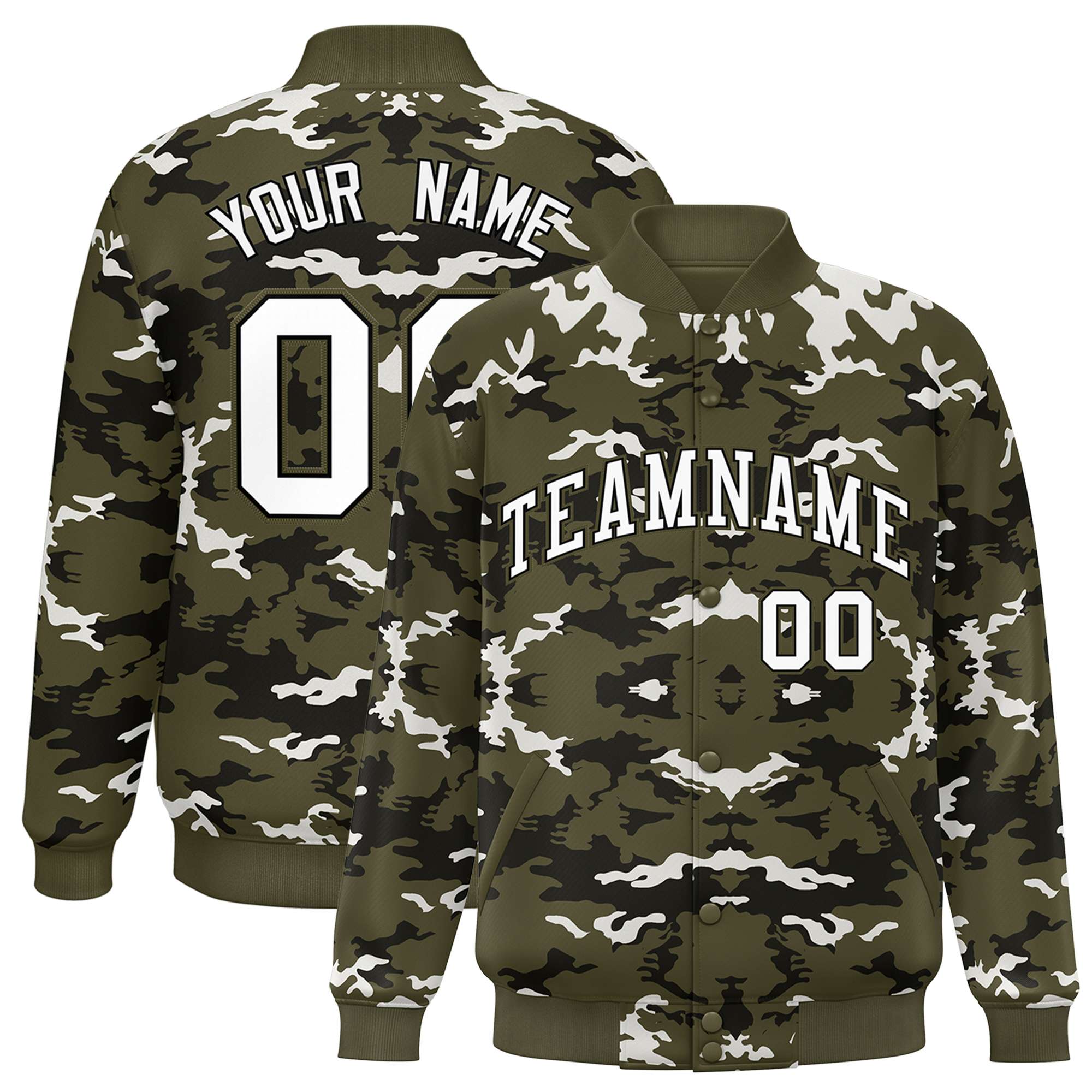 Custom Olive Black-White Varsity Full-Snap Camo Letterman Jacket