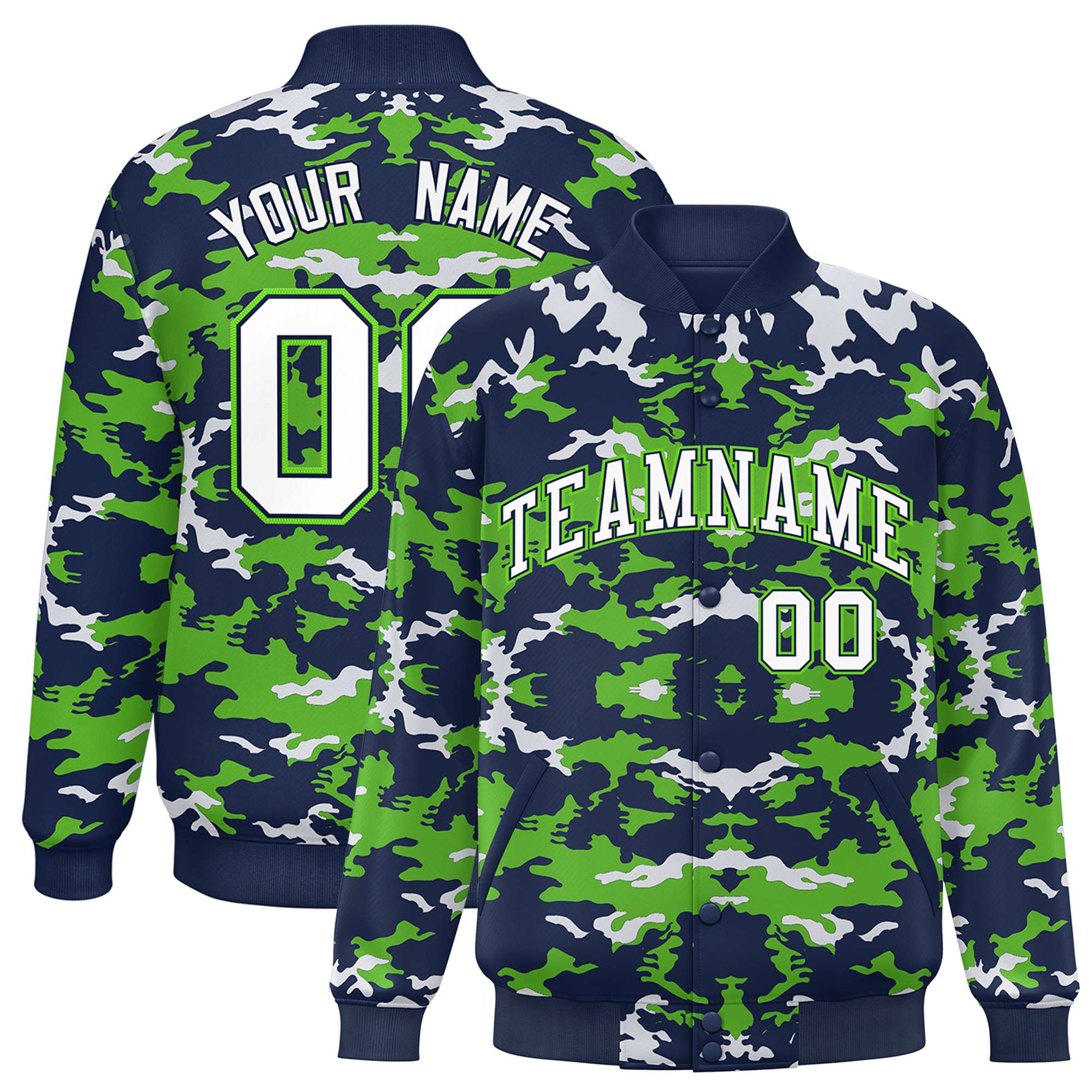 Custom Navy Neon Green-White Varsity Full-Snap Camo Letterman Jacket