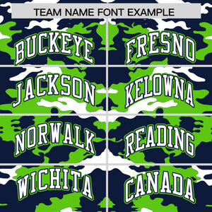 Custom Navy Neon Green-White Varsity Full-Snap Camo Letterman Jacket