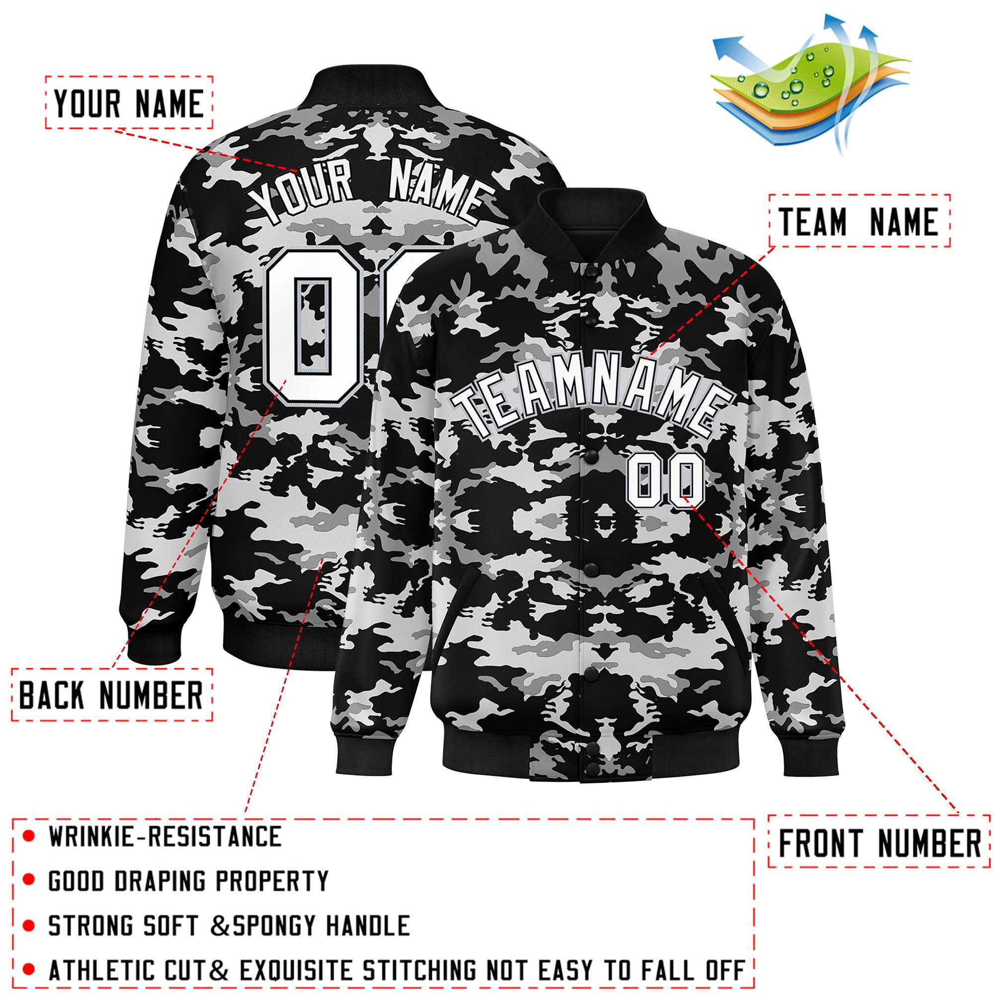 Custom Black Gray-White Varsity Full-Snap Camo Letterman Baseball Jacket