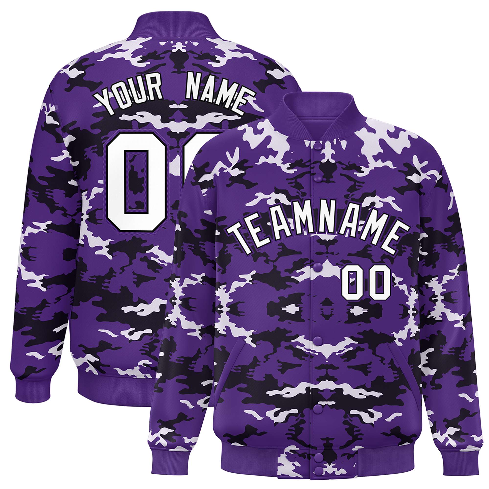 Custom Purple Black-White Varsity Full-Snap Camo Letterman Jacket