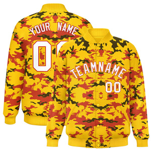 Custom Gold Red-Black Varsity Full-Snap Camo Letterman Jacket