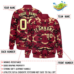 Custom Crimson Black-Khaki Varsity Full-Snap Camo Letterman Jacket