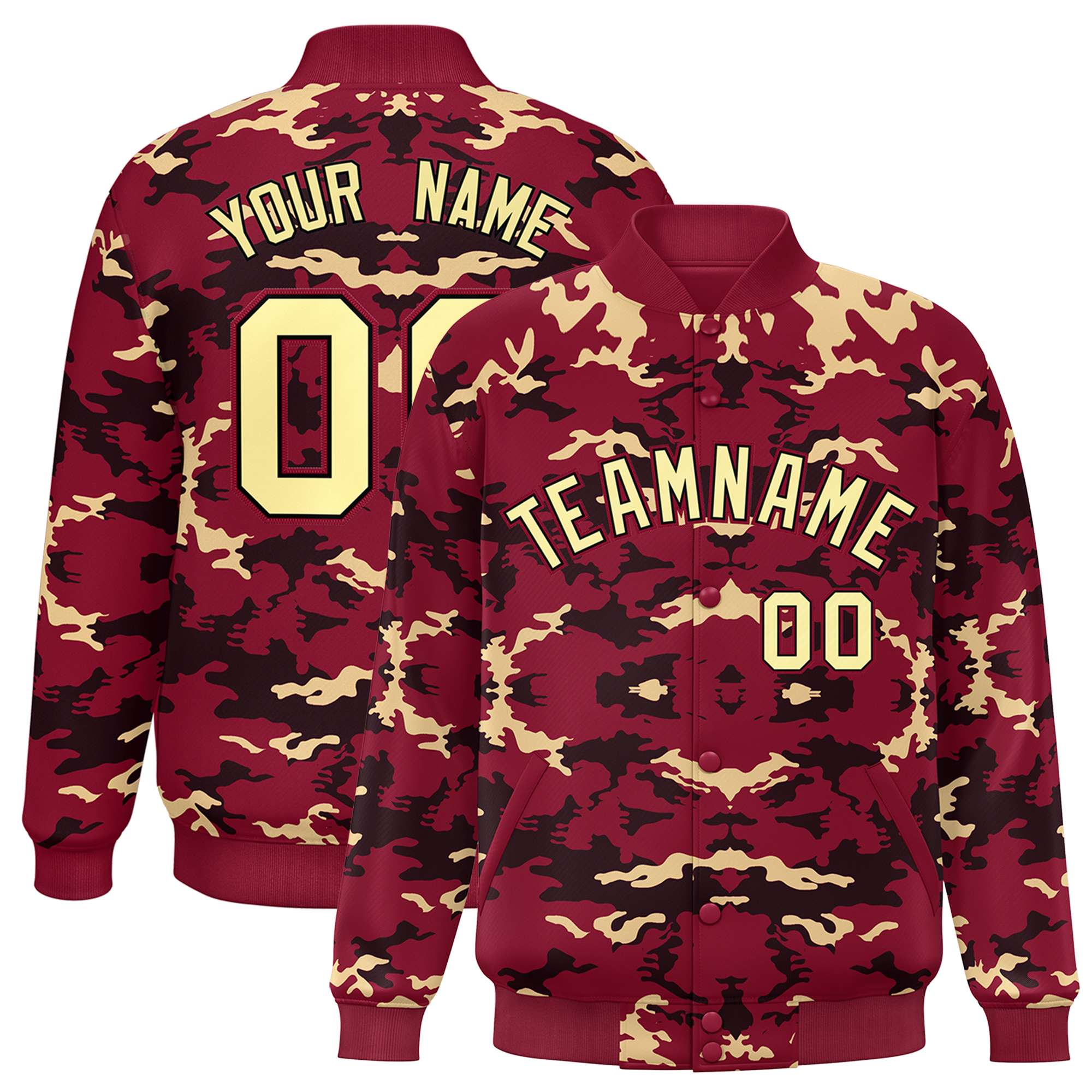 Custom Crimson Black-Khaki Varsity Full-Snap Camo Letterman Jacket