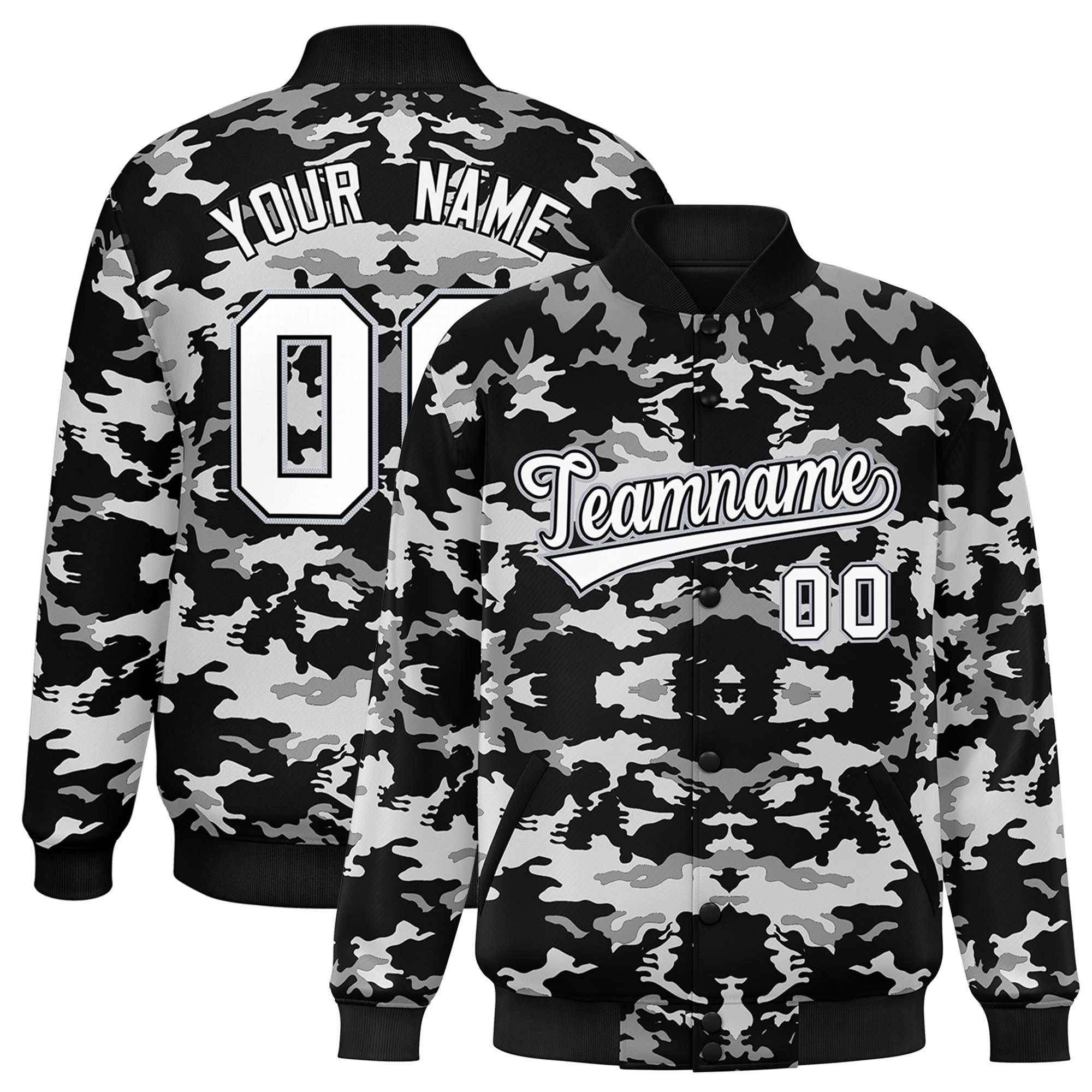 Custom Black Gray-White Varsity Full-Snap Camo Letterman Baseball Jacket