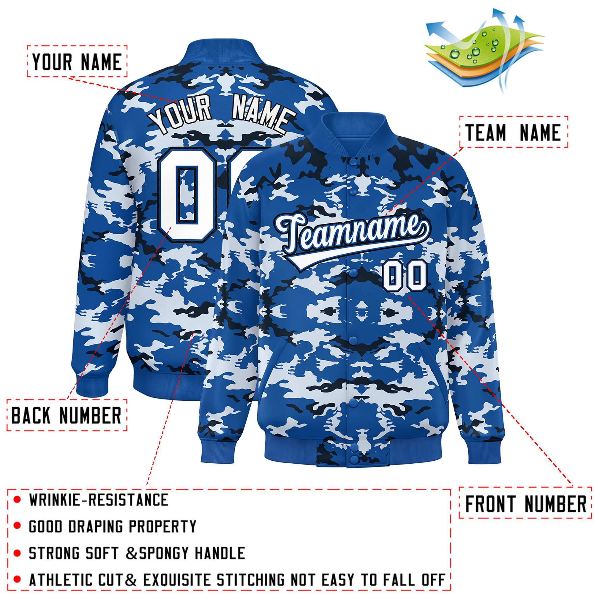 Custom Royal Black-White Varsity Full-Snap Camo Letterman Jacket