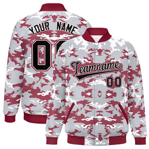 Custom Gray Crimson-White Varsity Full-Snap Camo Letterman Jacket