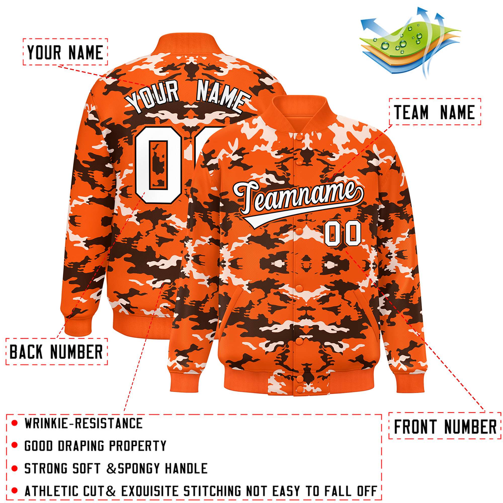 Custom Orange Black-White Varsity Full-Snap Camo Letterman Jacket