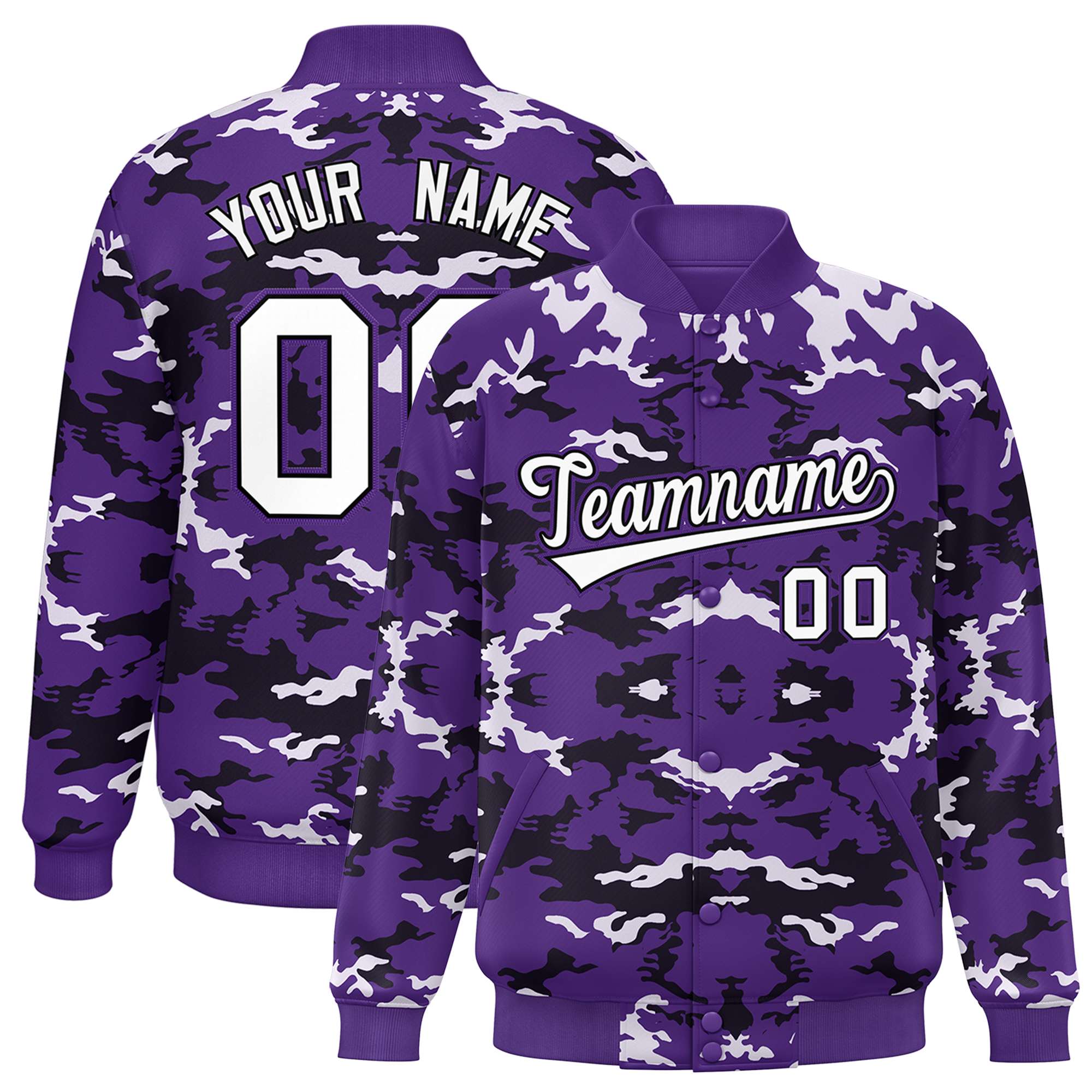 Custom Purple Black-White Varsity Full-Snap Camo Letterman Jacket