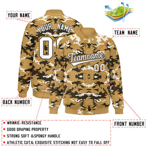 Custom Old Gold Black-White Varsity Full-Snap Camo Letterman Jacket