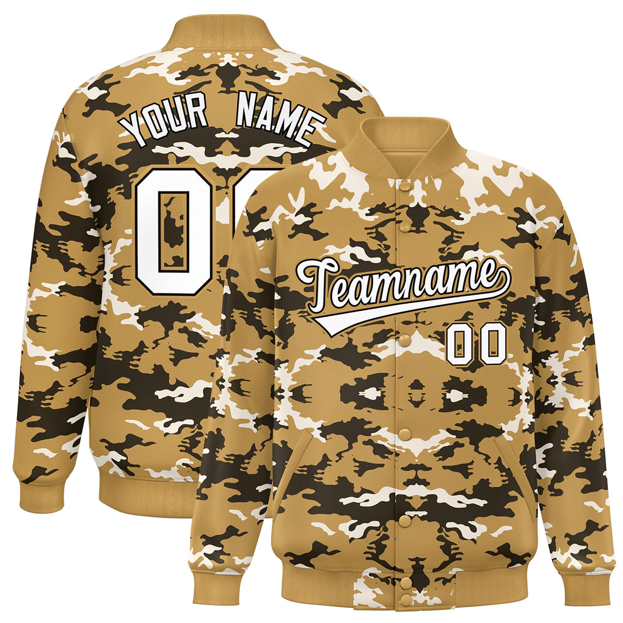 Custom Old Gold Black White Varsity Full Snap Camo Letterman Jacket KXKSHOP