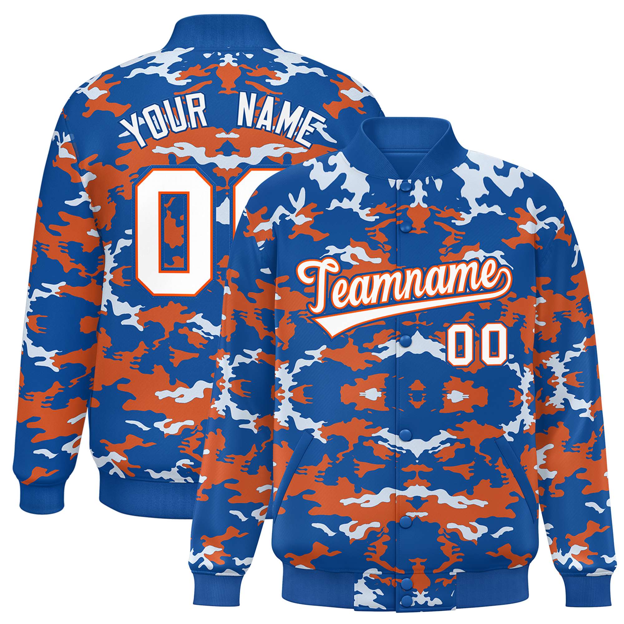 Custom Royal Orange-White Varsity Full-Snap Camo Letterman Jacket