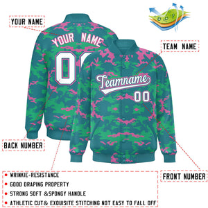 Custom Aqua Pink-Light Green Varsity Full-Snap Camo Letterman Jacket