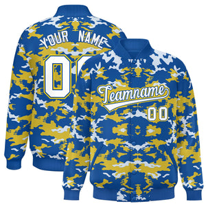 Custom Royal Gold-White Varsity Full-Snap Camo Letterman Jacket