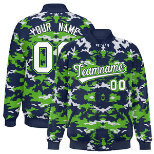 Custom Navy Neon Green-White Varsity Full-Snap Camo Letterman Jacket