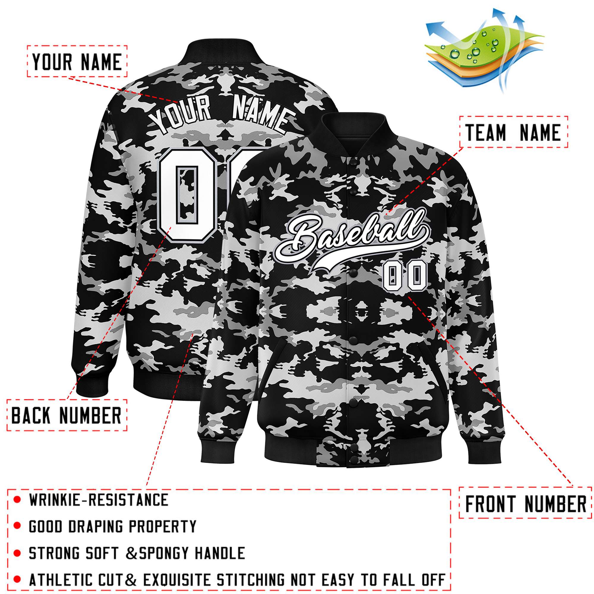 Custom Black Gray-White Varsity Full-Snap Camo Letterman Baseball Jacket