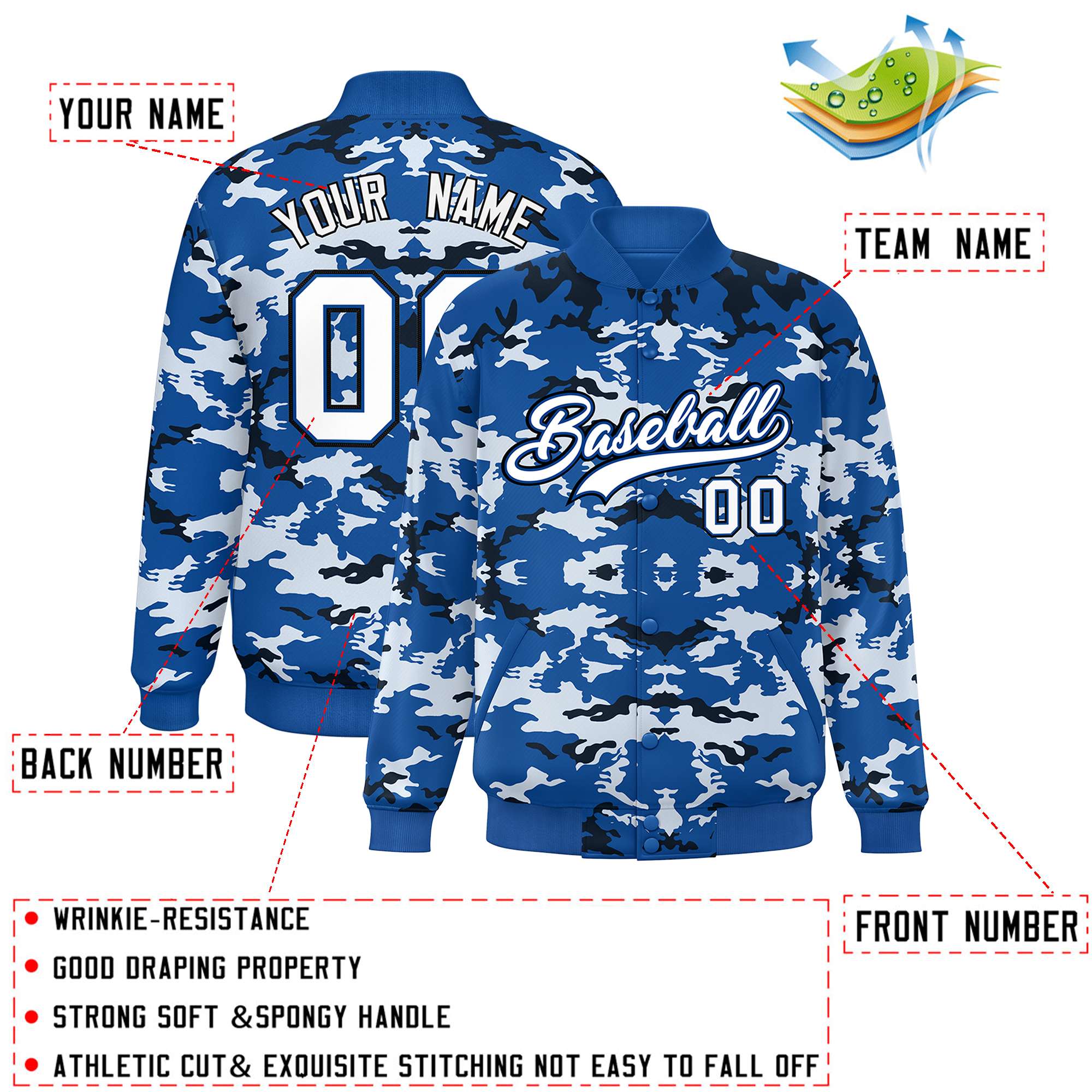 Custom Royal Black-White Varsity Full-Snap Camo Letterman Jacket