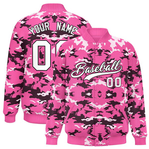 Custom Pink Black-White Varsity Full-Snap Camo Letterman Jacket