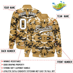 Custom Old Gold Black-White Varsity Full-Snap Camo Letterman Jacket