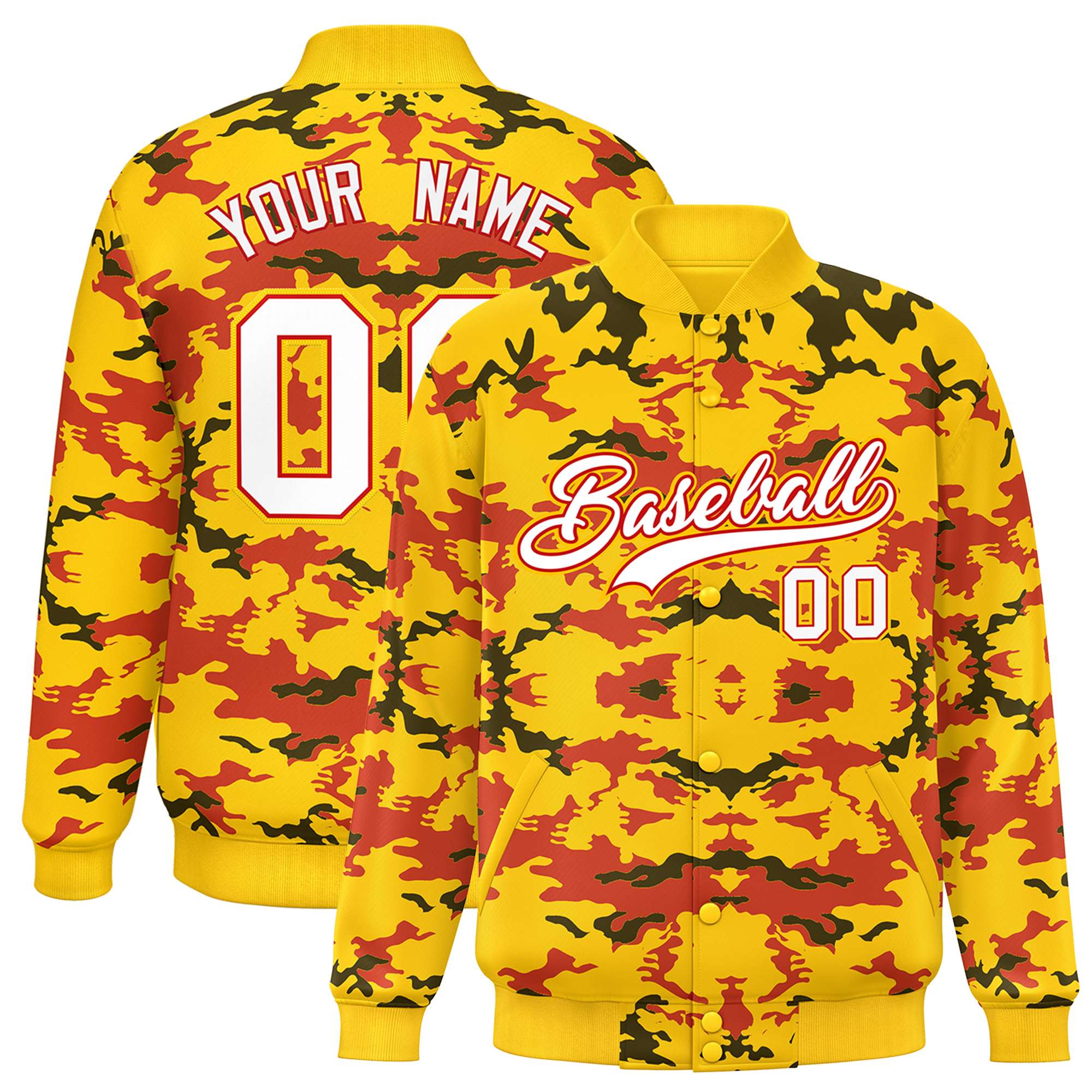 Custom Gold Red-Black Varsity Full-Snap Camo Letterman Jacket