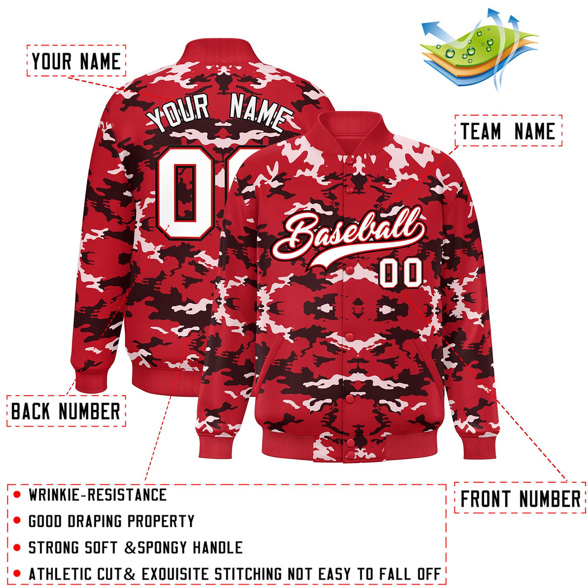 Custom Red Black-White Varsity Full-Snap Camo Letterman Jacket