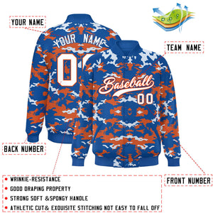 Custom Royal Orange-White Varsity Full-Snap Camo Letterman Jacket