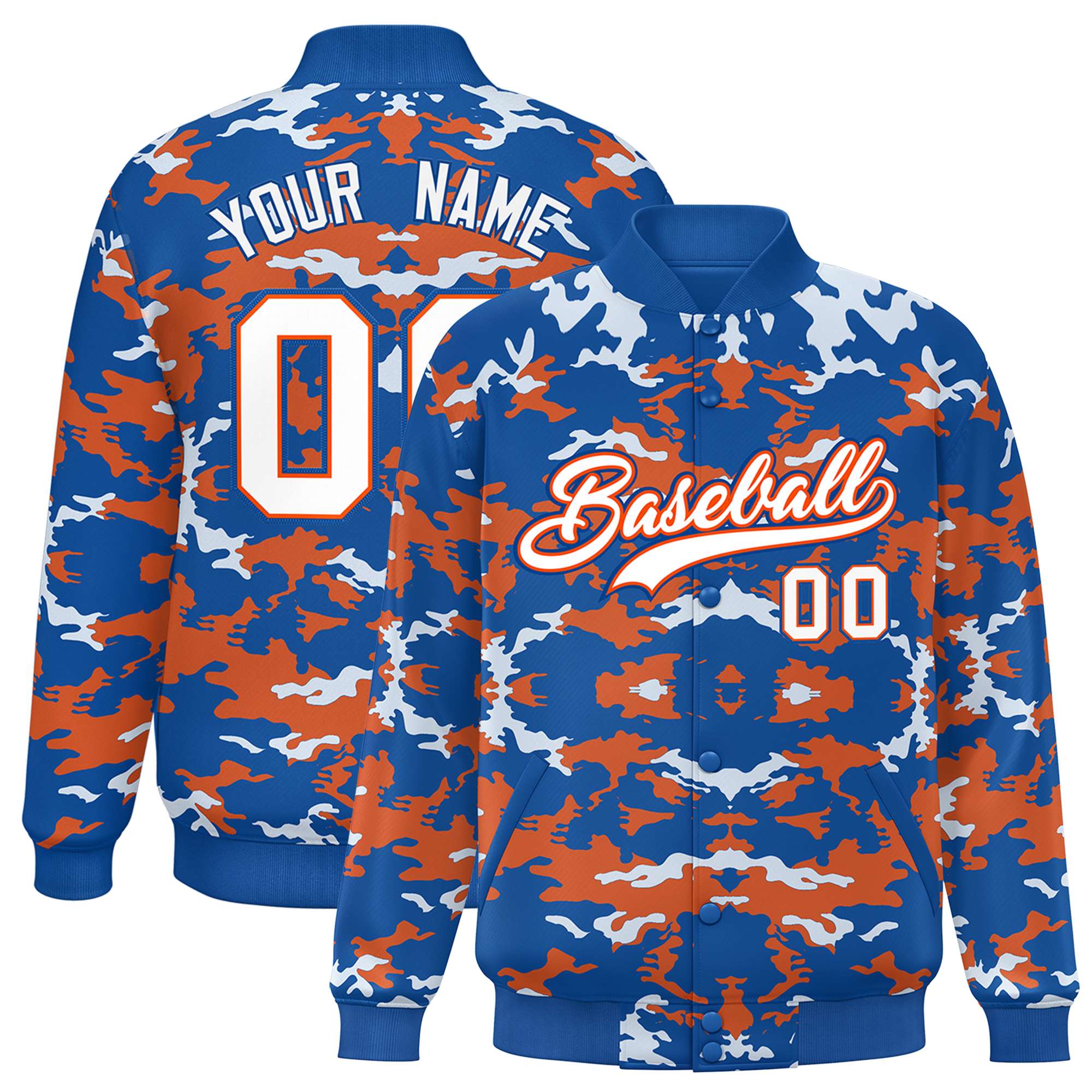 Custom Royal Orange-White Varsity Full-Snap Camo Letterman Jacket