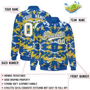 Custom Royal Gold-White Varsity Full-Snap Camo Letterman Jacket