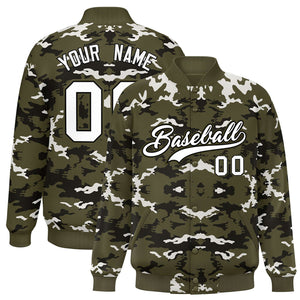 Custom Olive Black-White Varsity Full-Snap Camo Letterman Jacket