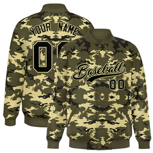 Custom Olive Black-Khaki Varsity Full-Snap Camo Letterman Jacket