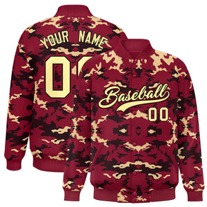 Custom Crimson Black-Khaki Varsity Full-Snap Camo Letterman Jacket