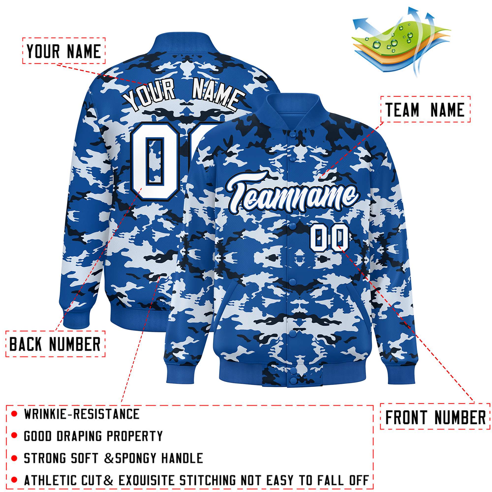 Custom Royal Black-White Varsity Full-Snap Camo Letterman Jacket