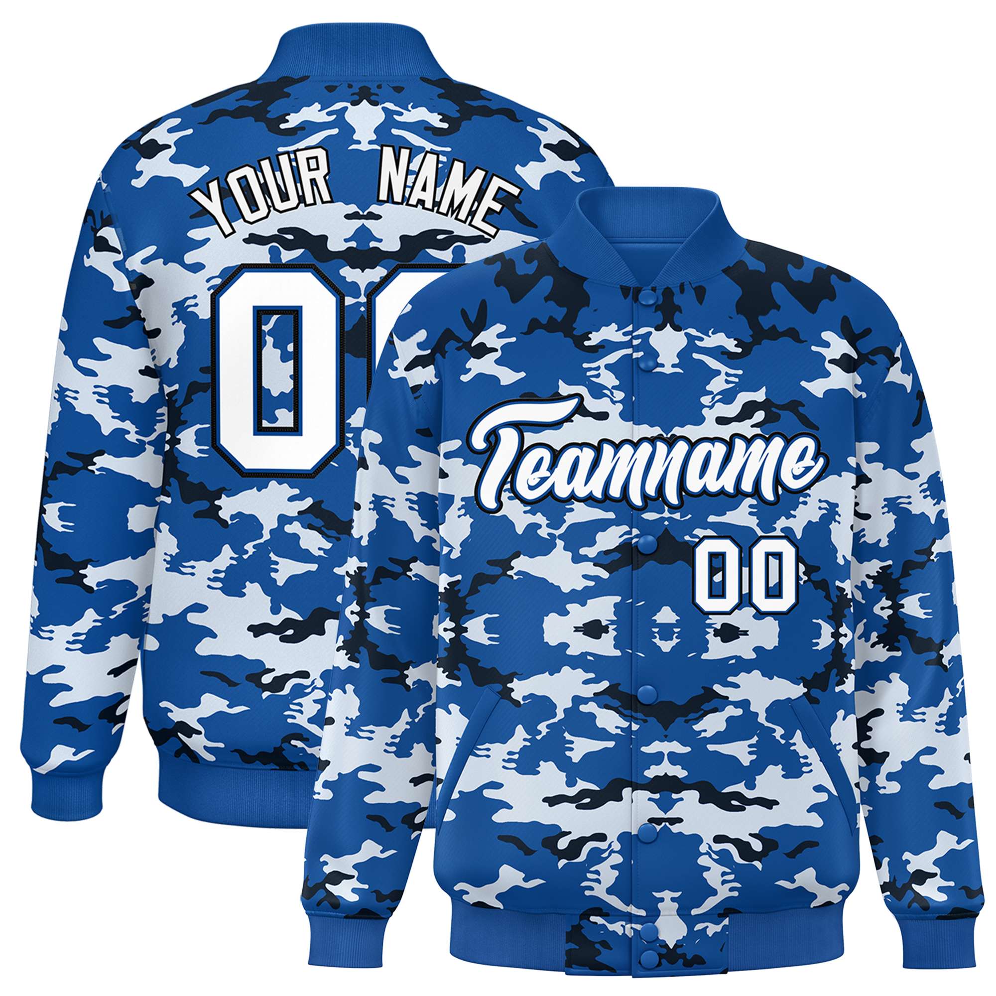 Custom Royal Black-White Varsity Full-Snap Camo Letterman Jacket