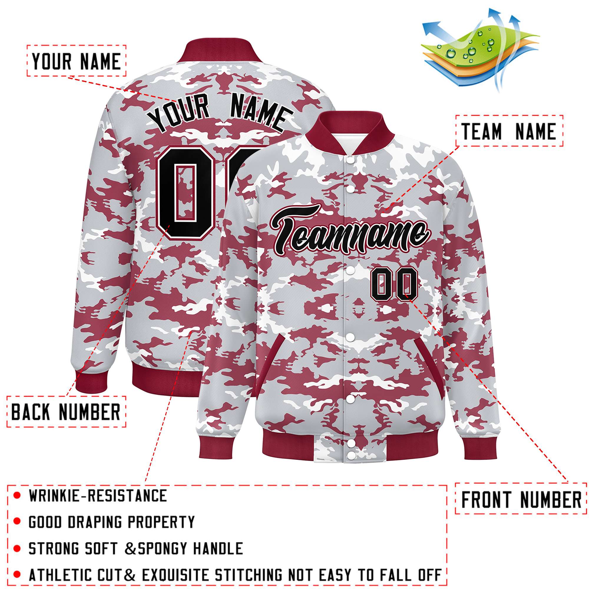 Custom Gray Crimson-White Varsity Full-Snap Camo Letterman Jacket