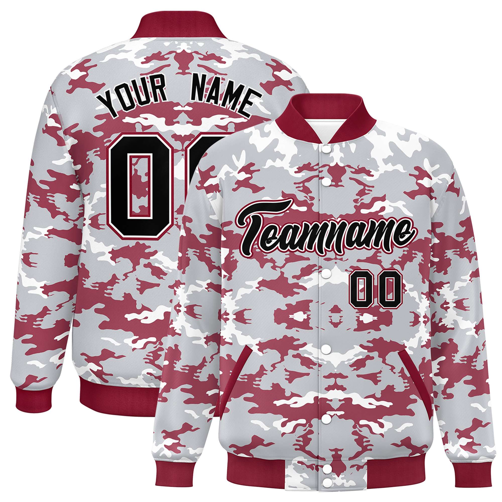 Custom Gray Crimson-White Varsity Full-Snap Camo Letterman Jacket