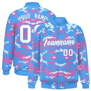 Custom Powder Blue Pink-White Varsity Full-Snap Camo Letterman Jacket