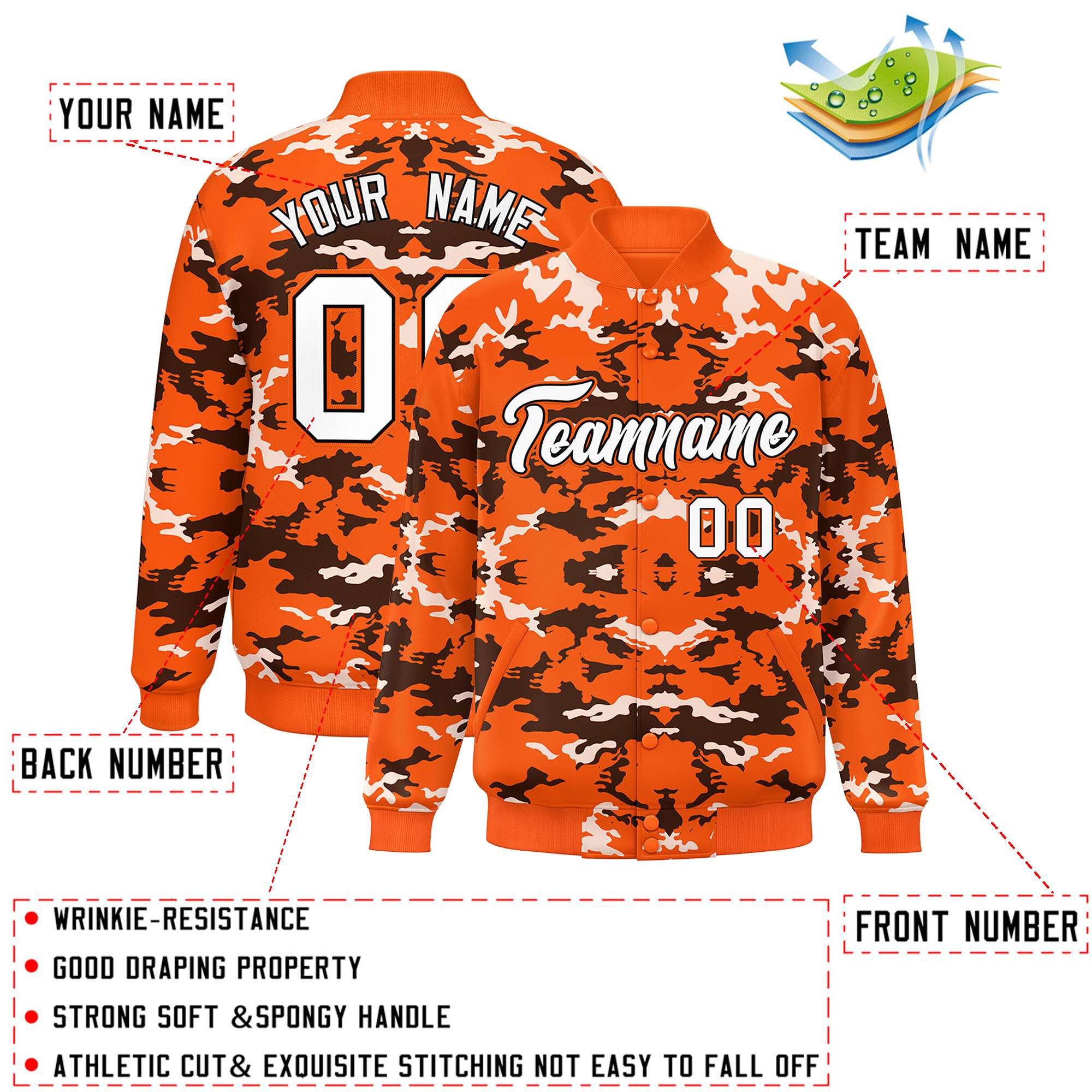 Custom Orange Black-White Varsity Full-Snap Camo Letterman Jacket