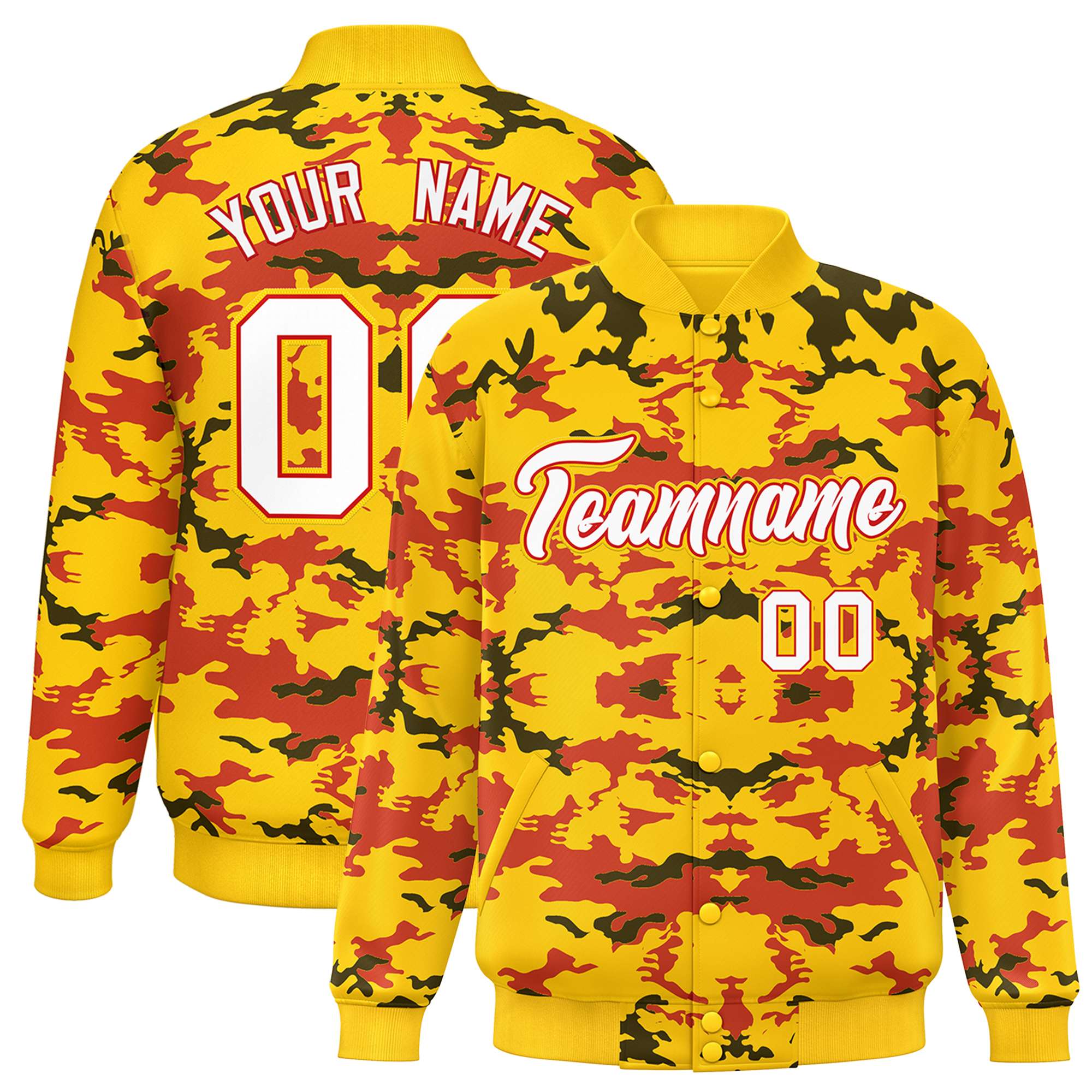 Custom Gold Red-Black Varsity Full-Snap Camo Letterman Jacket