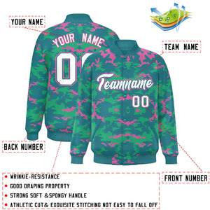 Custom Aqua Pink-Light Green Varsity Full-Snap Camo Letterman Jacket