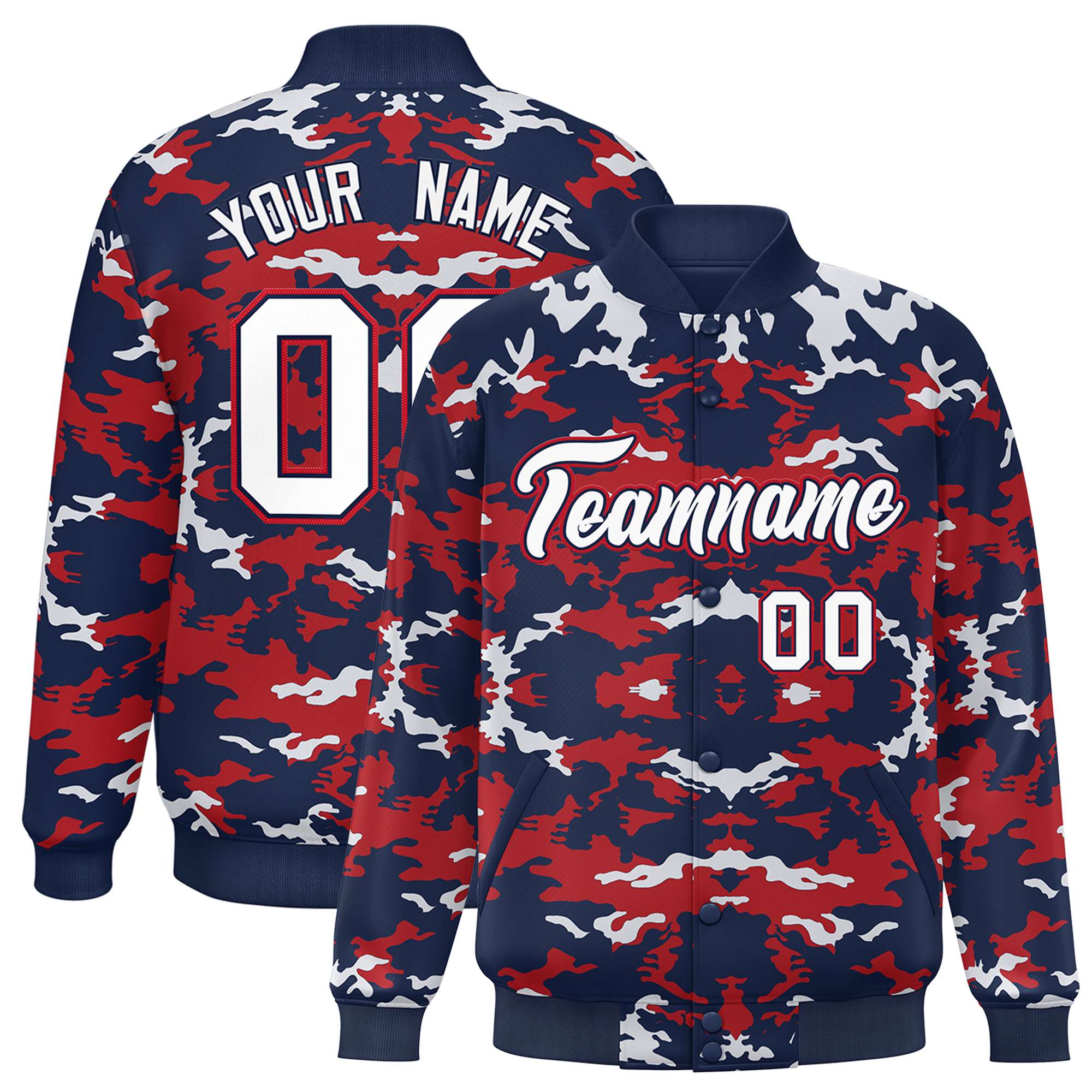 Custom Navy Red-White Varsity Full-Snap Camo Letterman Jacket