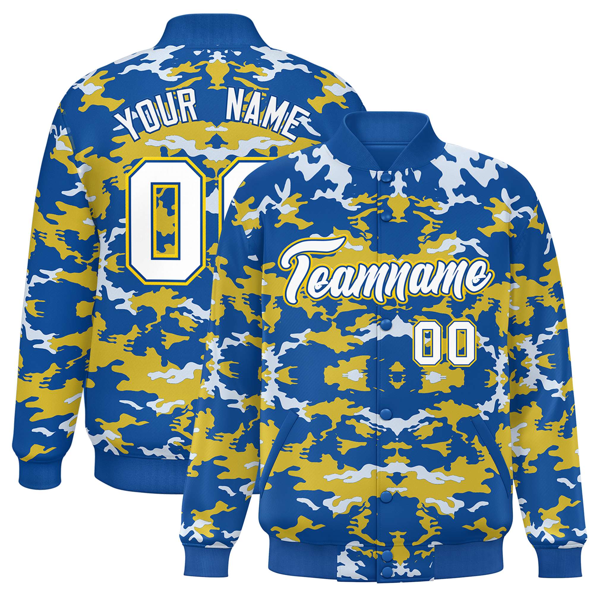 Custom Royal Gold-White Varsity Full-Snap Camo Letterman Jacket