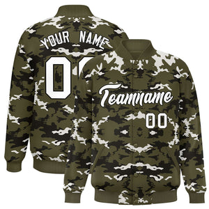 Custom Olive Black-White Varsity Full-Snap Camo Letterman Jacket