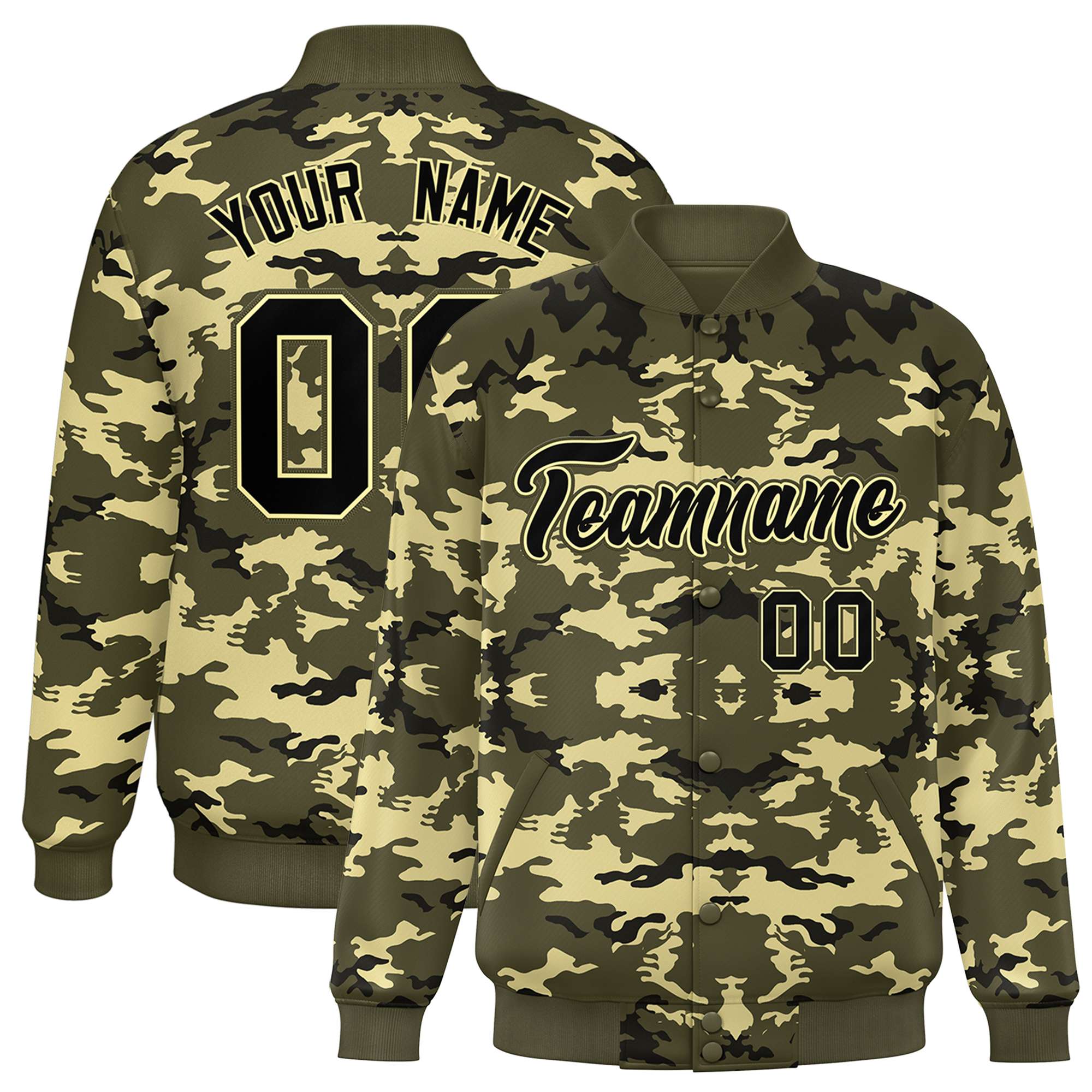 Custom Olive Black-Khaki Varsity Full-Snap Camo Letterman Jacket