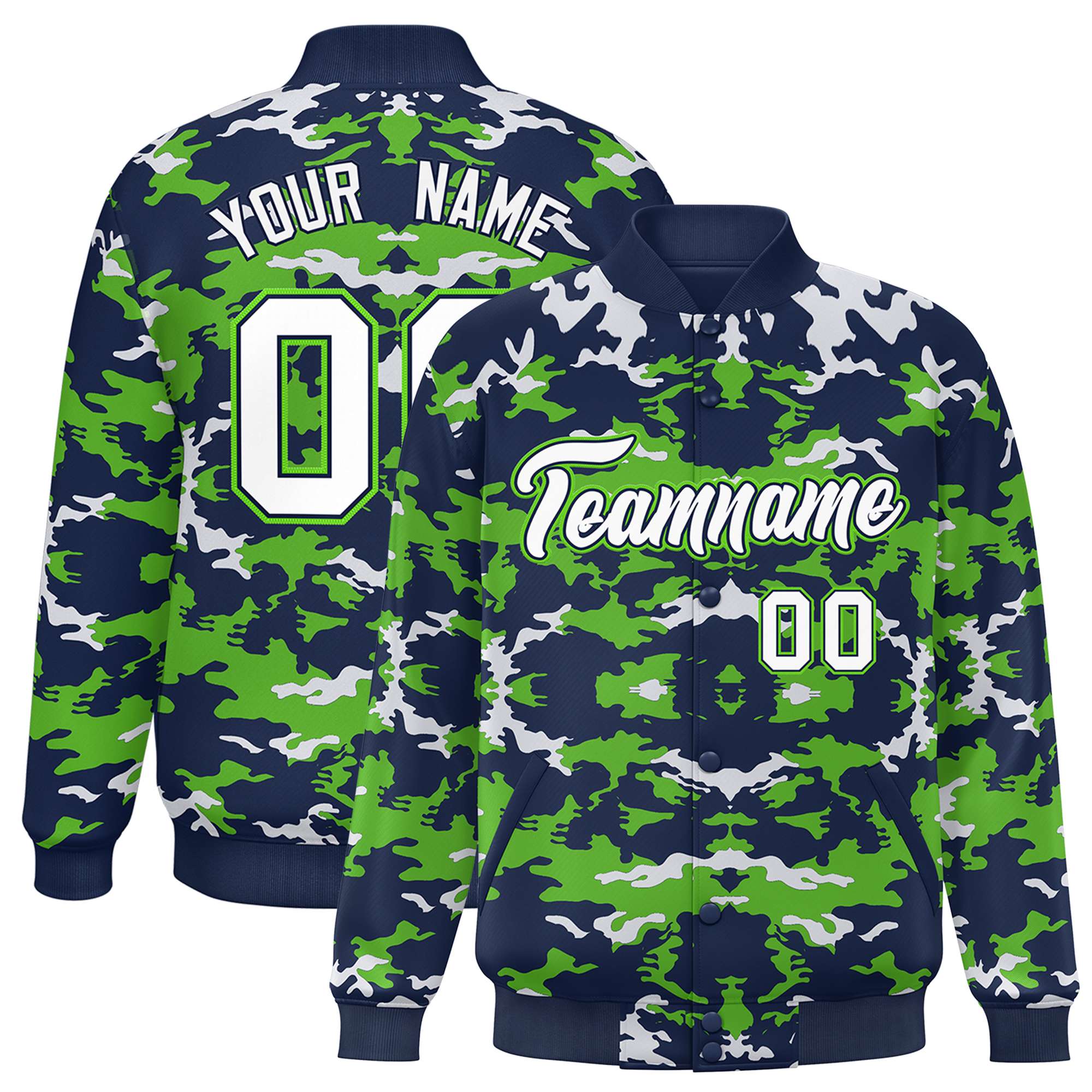 Custom Navy Neon Green-White Varsity Full-Snap Camo Letterman Jacket