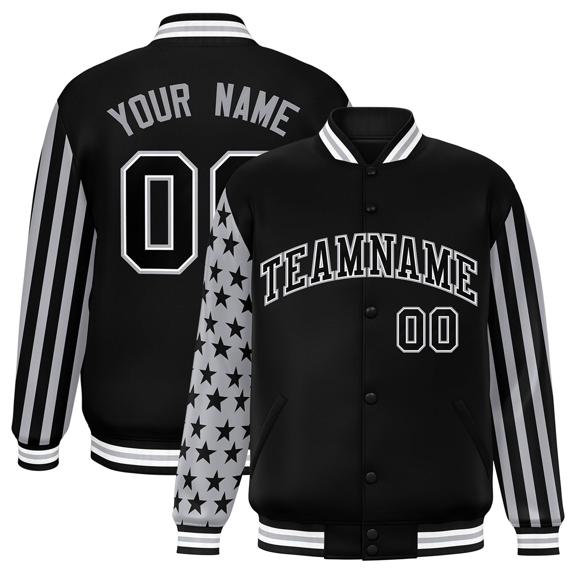 Custom Black American Flag Varsity Full-Snap Authentic Raglan Sleeves Letterman Bomber Jacket