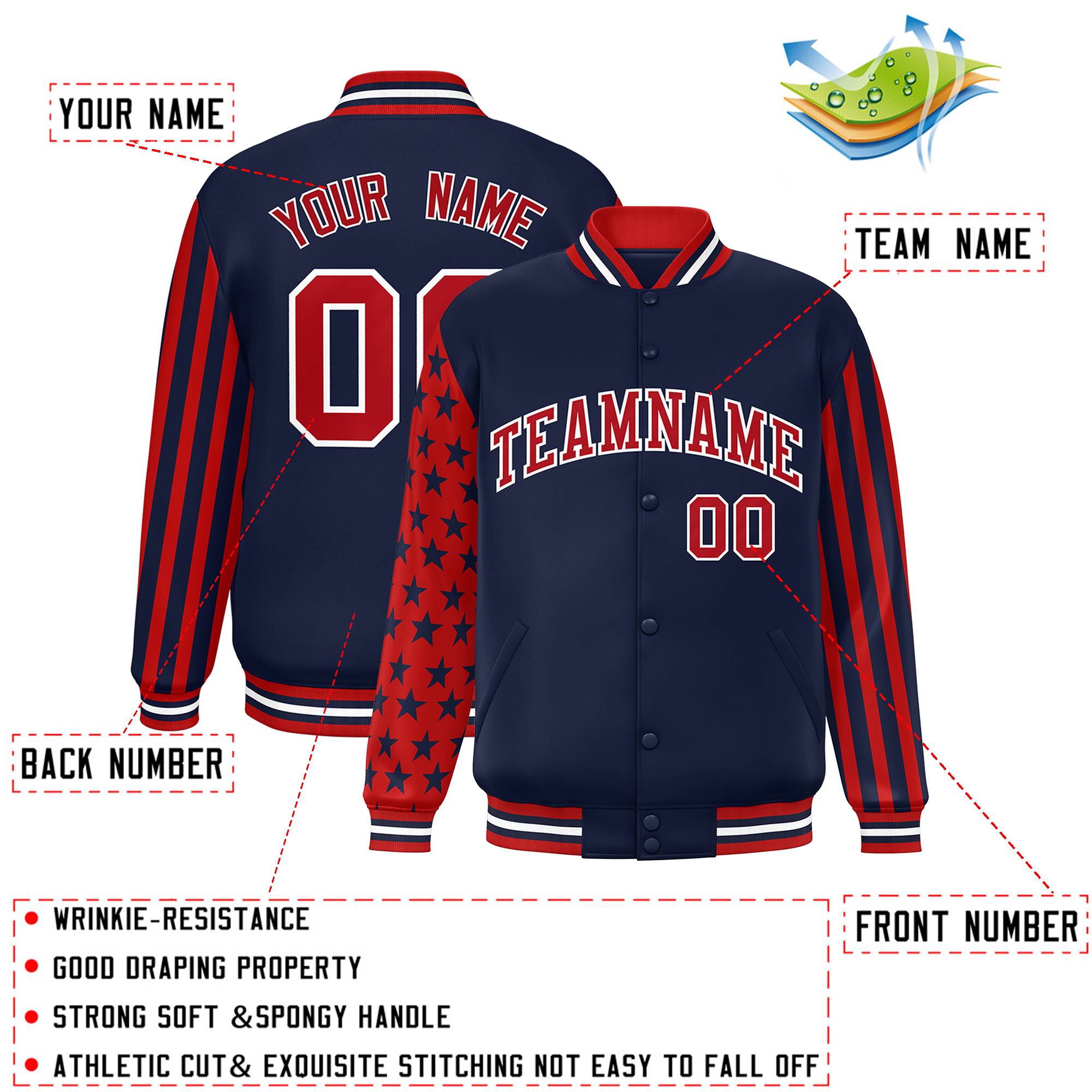 Custom Navy American Flag Varsity Full-Snap Authentic Raglan Sleeves Letterman Bomber Jacket