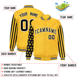 Custom Gold American Flag Varsity Full-Snap Authentic Raglan Sleeves Letterman Bomber Jacket