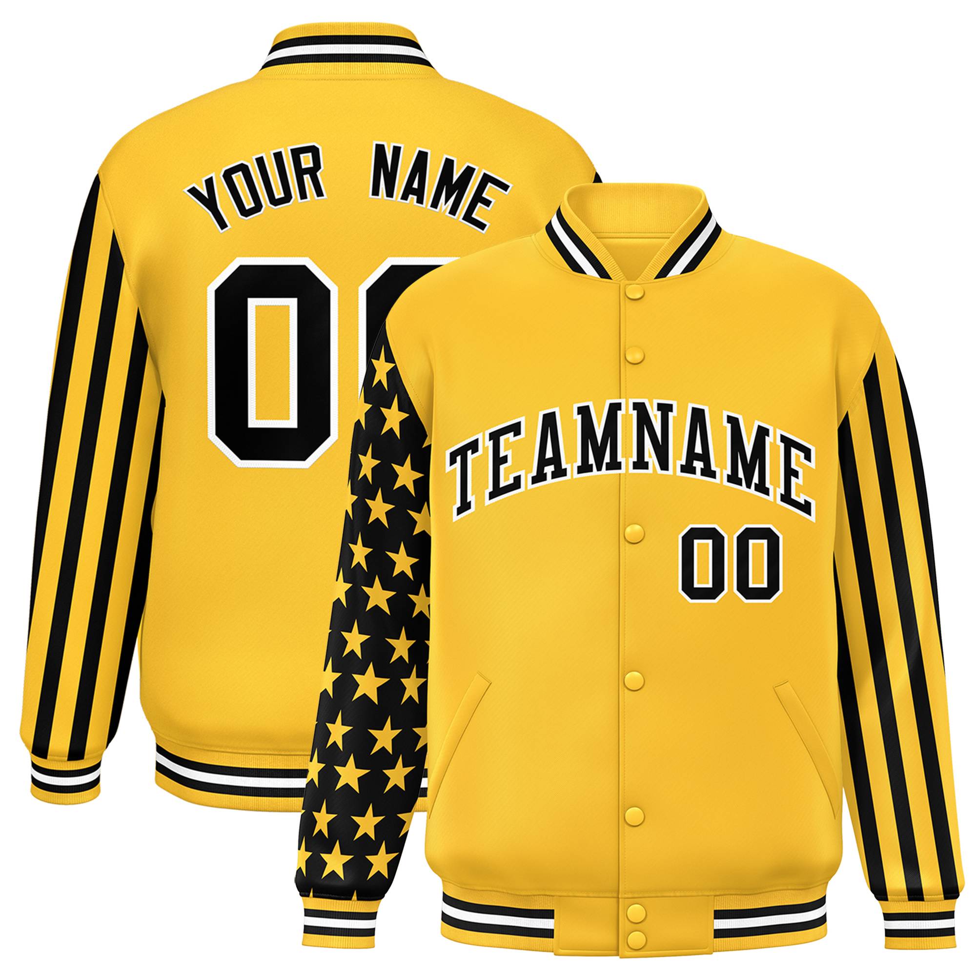 Custom Gold American Flag Varsity Full-Snap Authentic Raglan Sleeves Letterman Bomber Jacket