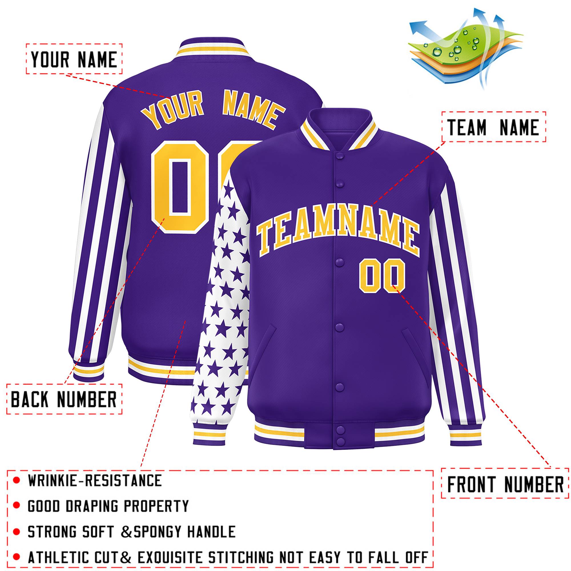 Custom Purple American Flag Varsity Full-Snap Authentic Raglan Sleeves Letterman Bomber Jacket